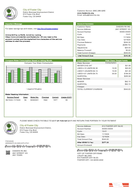 USA California City of Foster City business utility bill template in Word and PDF formats